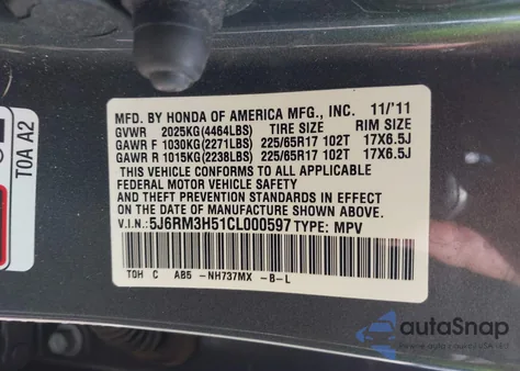 2012 Honda Cr-V Ex from USA, damaged, VIN 5J6RM3H51CL000597